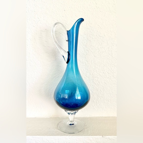 VINTAGE EMPOLI ITALIAN ART HAND BLOWN GLASS PITCHER DECANTER - 14" HEIGHT - Picture 2 of 6